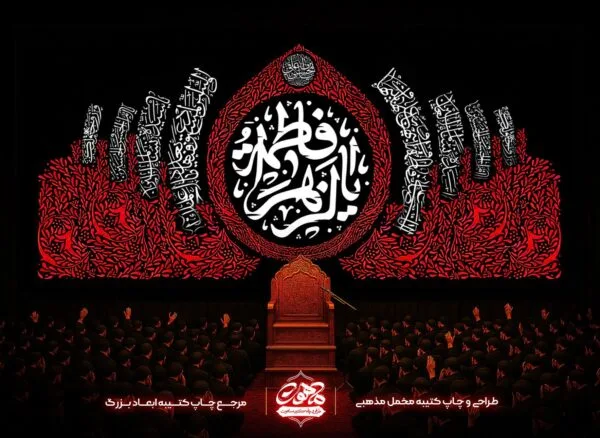 خرید کتیبه شهادت حضرت زهرا یا فاطمه الزهرا مخمل پشت منبری برای دکور هیئت‌ها، چاپ دیجیتال باصافی رنگ در ایام فاطمیه.