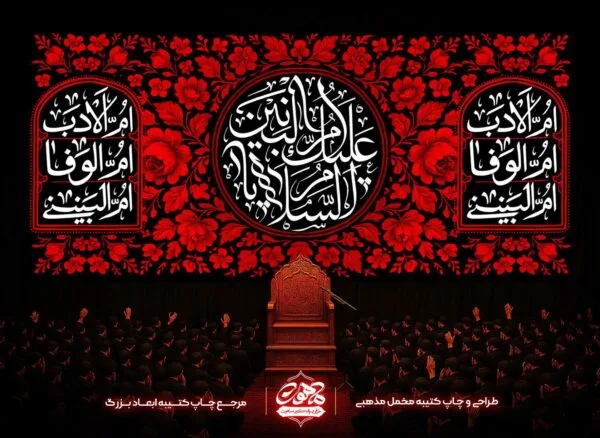 تیبه پشت منبری شهادت حضرت ام البنین با طرح گل های قرمز و القاب حضرت در کتیبه های محرابی شکل برای دکور هیئت
