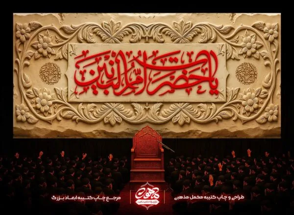 دکور شهادت حضرت ام البنین و کتیبه مخمل طرح گچبری سه بعدی