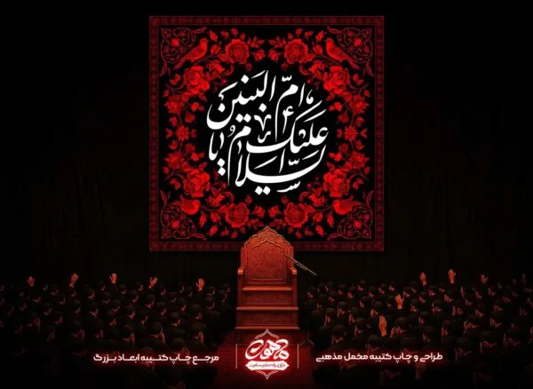 پرچم یا ام البنین مربعی با خطاطی سفید و پس زمینه گل سرخ برای خرید آنلاین کتیبه شهادت حضرت ام البنین