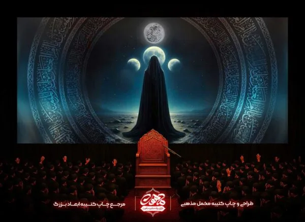 پرچم تمثال ام البنین با پس‌زمینه آبی و طرح صحرای شب مهتابی - تمثال حضرت ام البنین در میان صحرا زیر نور ماه با دو حاله دعا